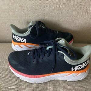 Women’s Hoka Clifton 7, Navy, White, Orange, Size 8